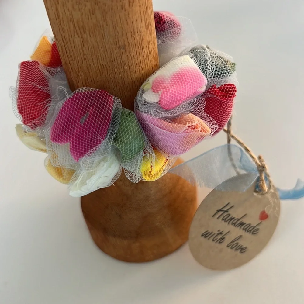 NWT Handmade Unique Mesh & Flower Petal Barbie Pink Scrunchie Artisan Accessory